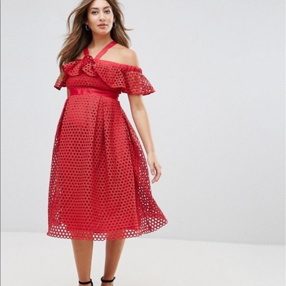 ASOS Maternity Red Lace Cold Shoulder Dress - Picture 6 of 8